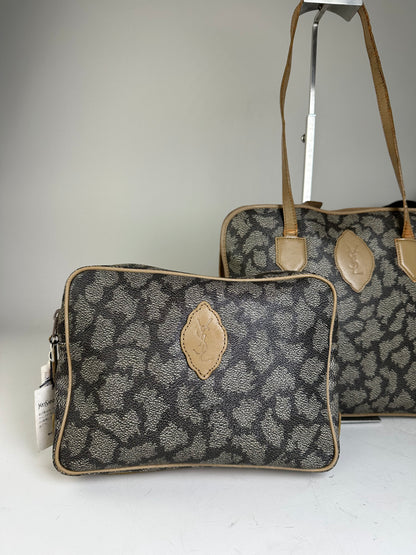 Vintage Yves Saint Laurent Canvas Leather Trim Tote Black Grey