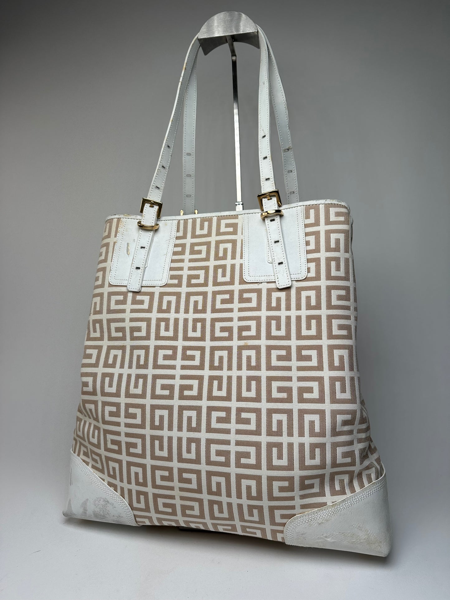 Vintage Givenchy Monogram Leather Canvas Bag White Gold