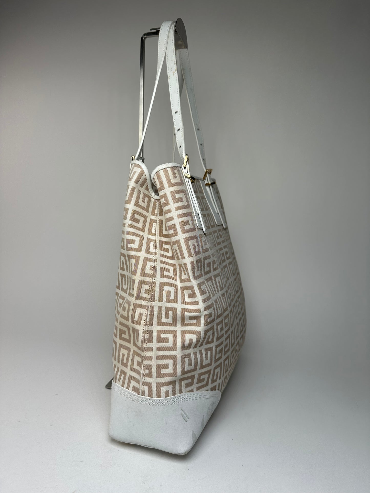Vintage Givenchy Monogram Leather Canvas Bag White Gold