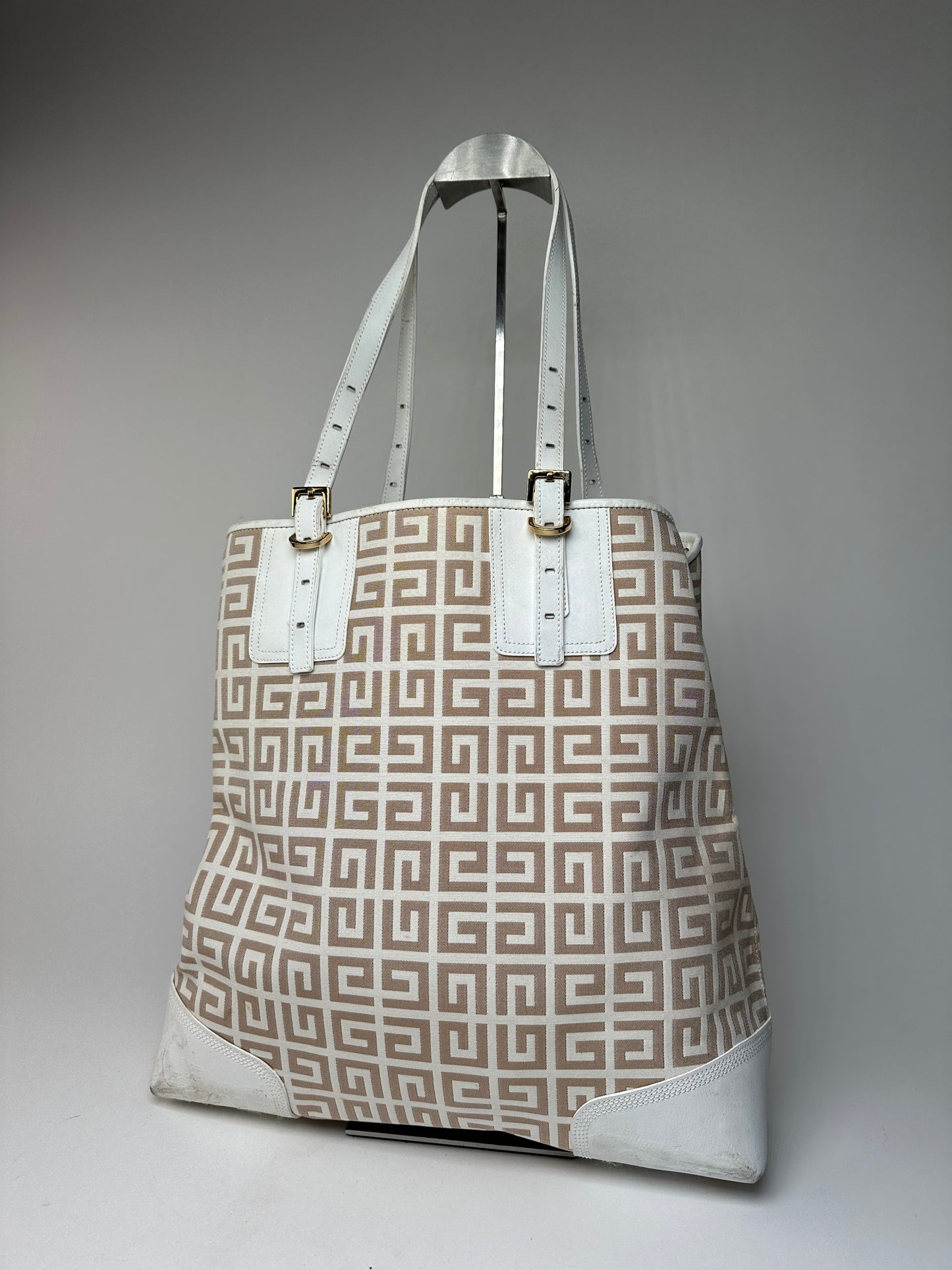 Vintage Givenchy Monogram Leather Canvas Bag White Gold
