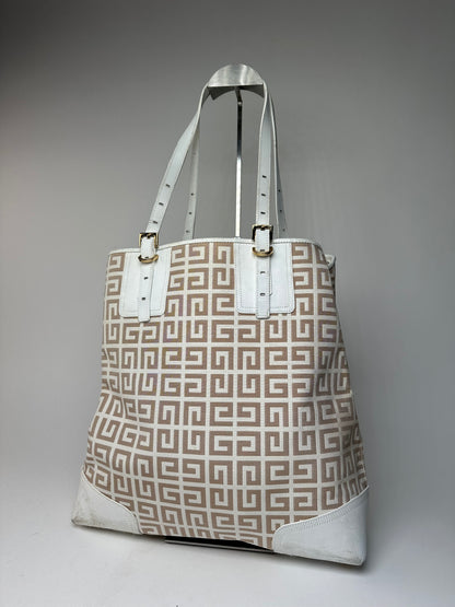 Vintage Givenchy Monogram Leather Canvas Bag White Gold
