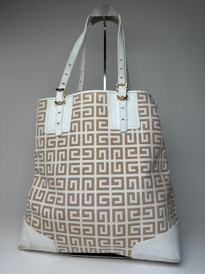 Vintage Givenchy Monogram Leather Canvas Bag White Gold