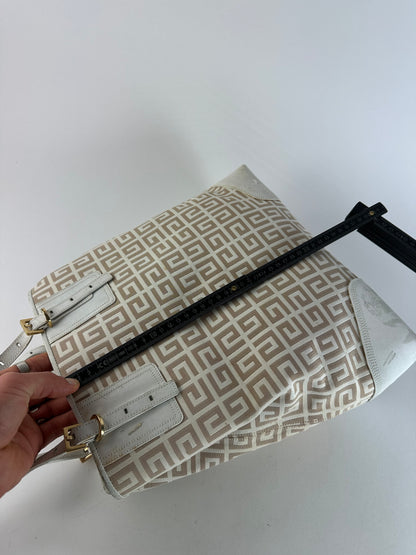Vintage Givenchy Monogram Leather Canvas Bag White Gold