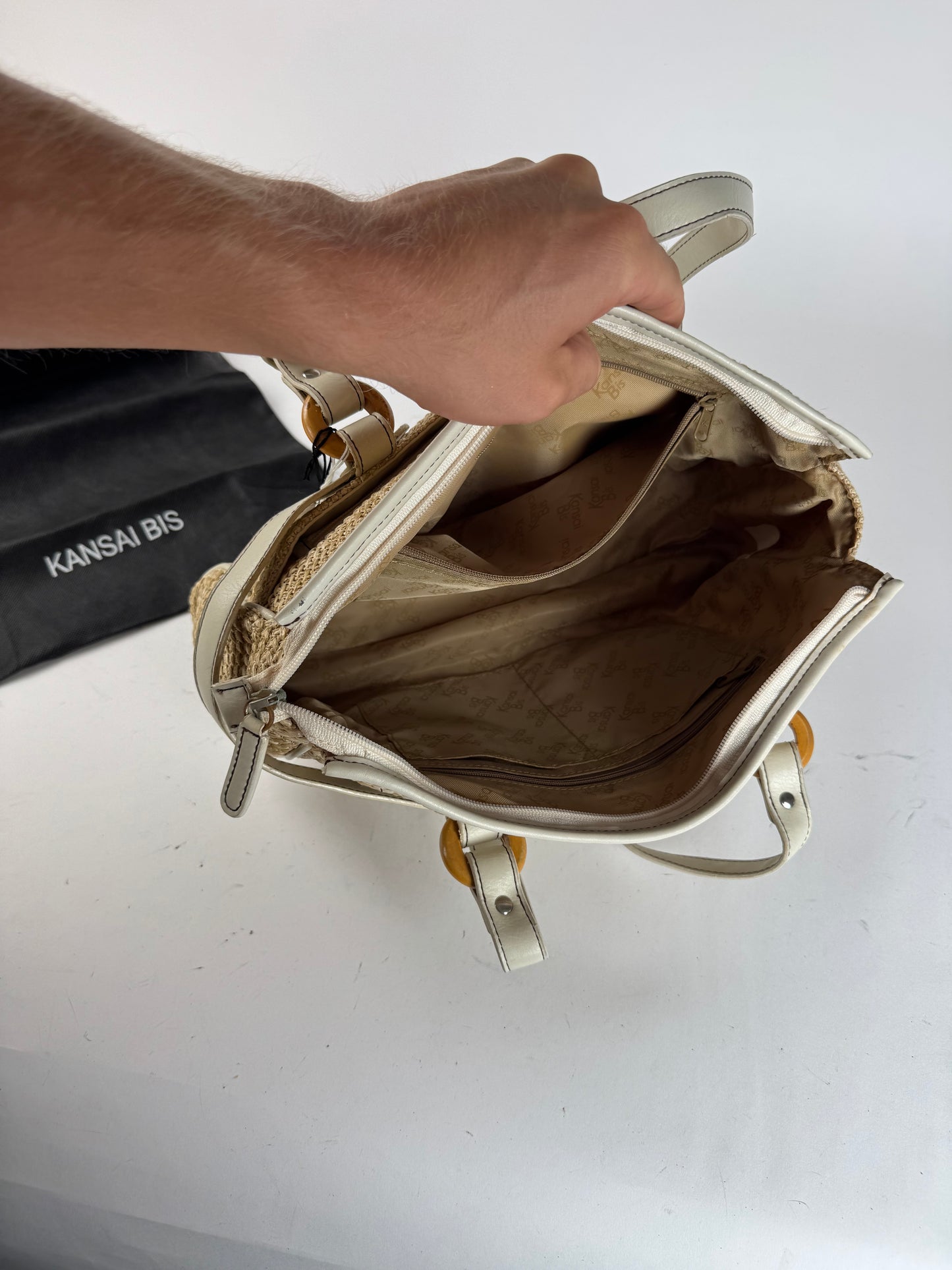 Sac à main vintage Kansai Yamamoto beige blanc