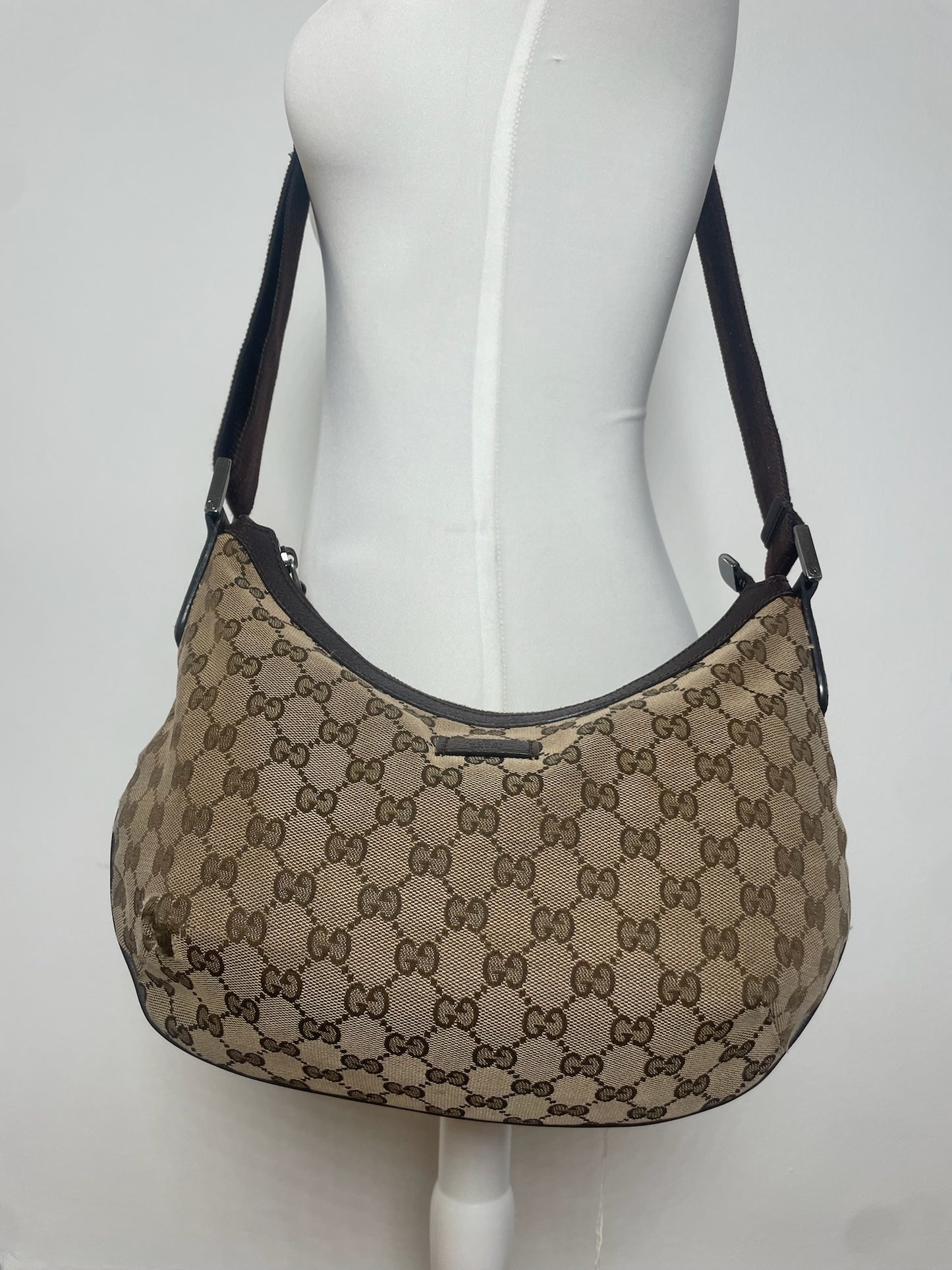 Vintage Gucci Monogram Croissant Shoulder Bag Beige Brown