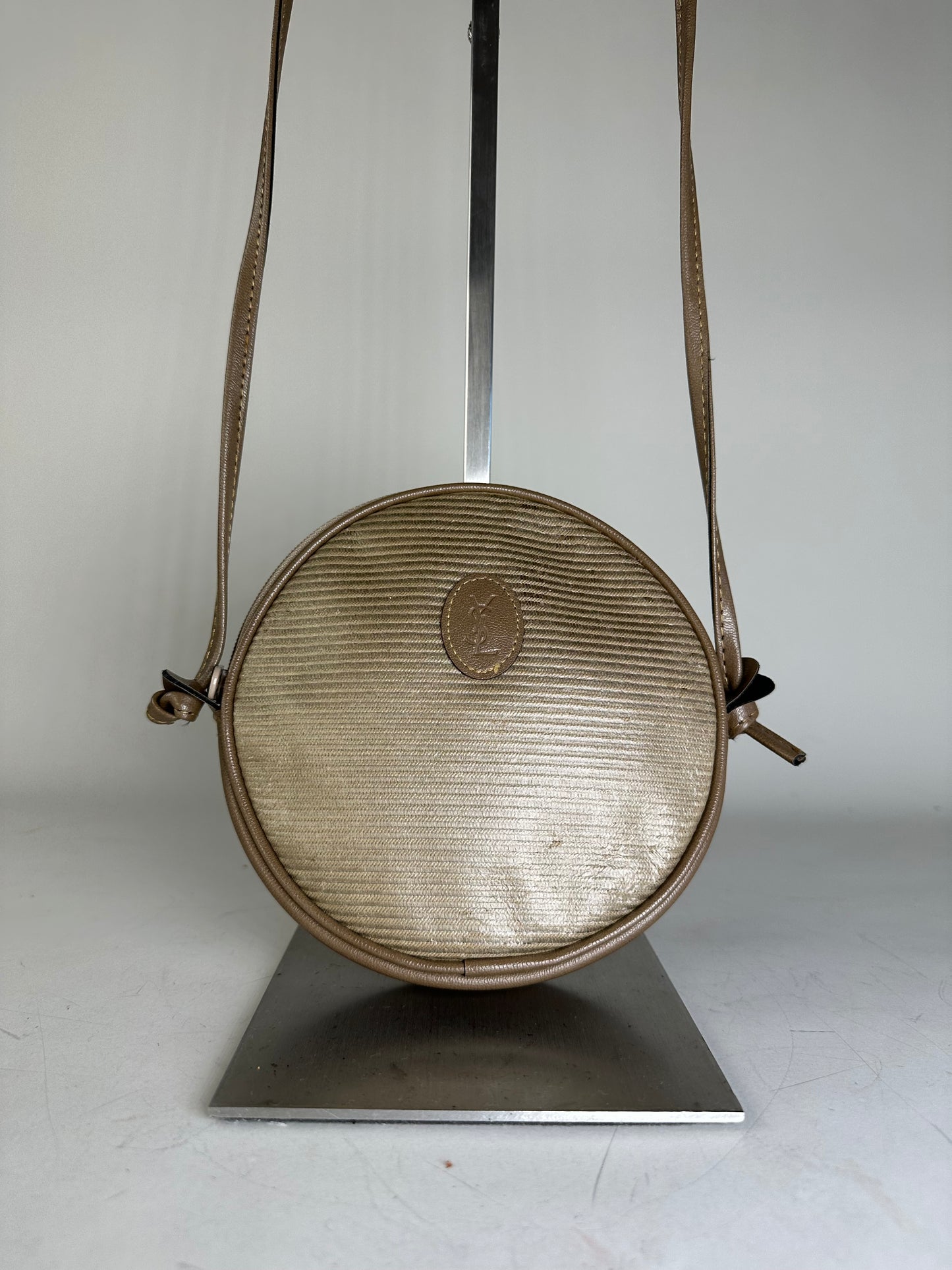 Vintage Yves Saint Laurent Textured Fabric Crossbody Bag Tan Beige