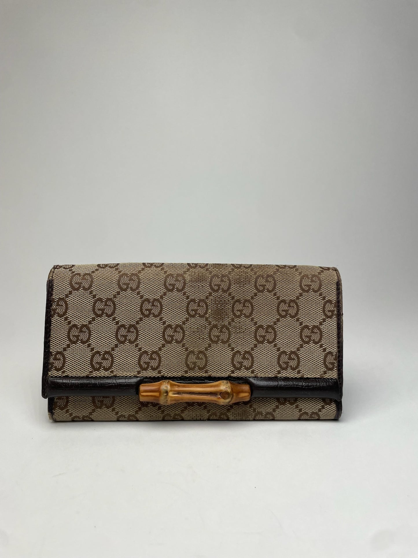 Vintage Gucci Monogram Leather Long Wallet Beige Brown