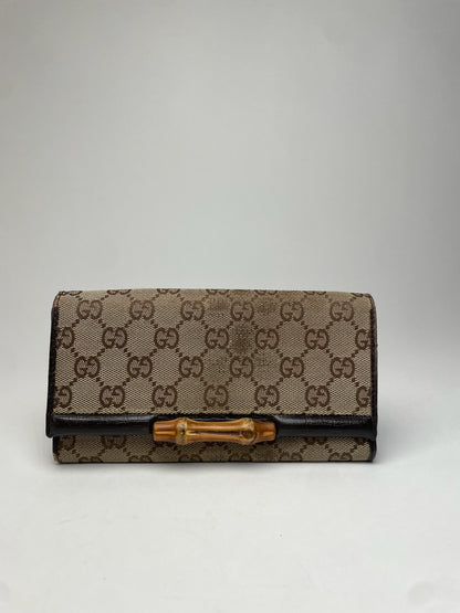 Vintage Gucci Monogram Leather Long Wallet Beige Brown