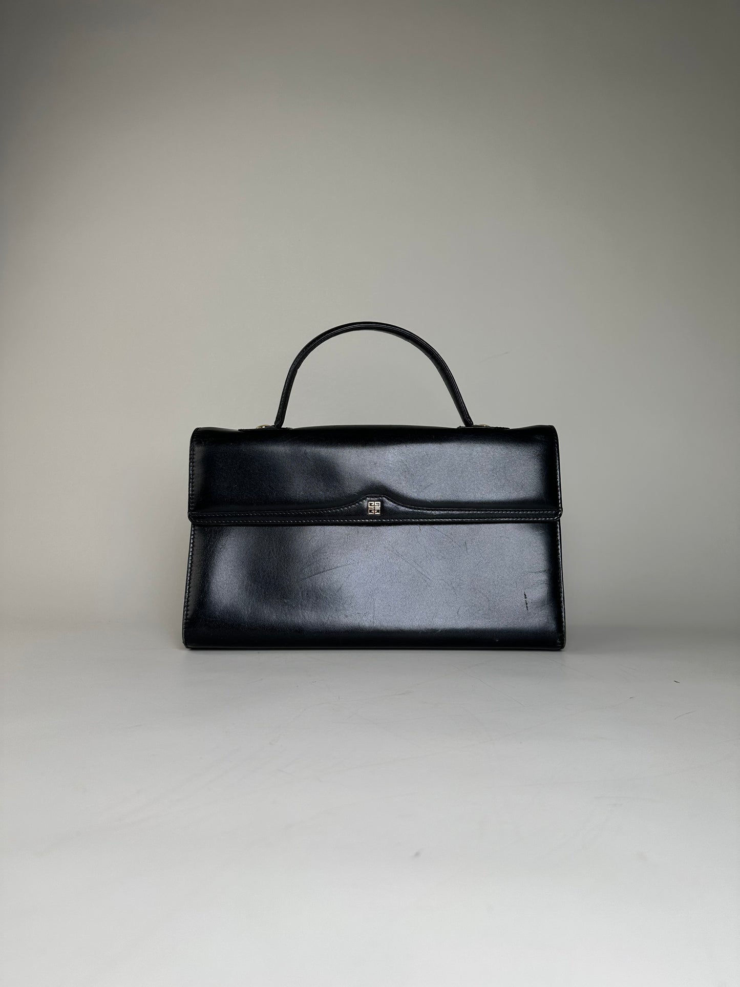 Vintage Givenchy Structured Leather Handbag Black Gold