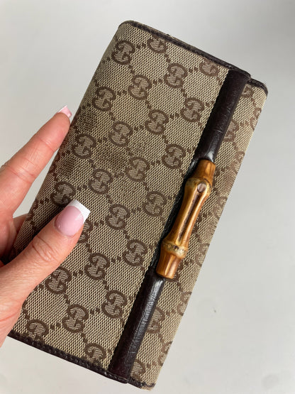 Vintage Gucci Monogram Leather Long Wallet Beige Brown