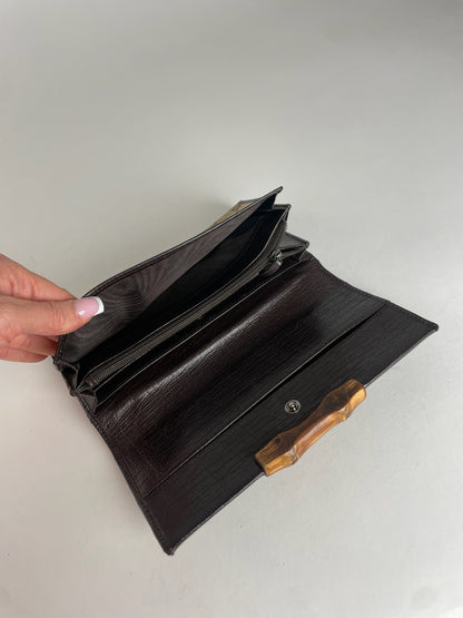 Vintage Gucci Monogram Leather Long Wallet Beige Brown