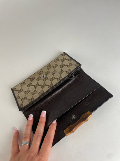 Vintage Gucci Monogram Leather Long Wallet Beige Brown