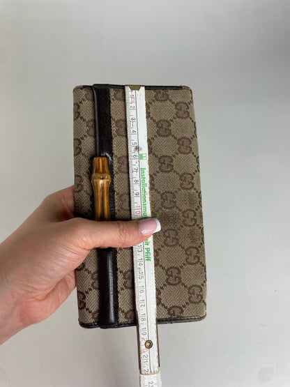 Vintage Gucci Monogram Leather Long Wallet Beige Brown