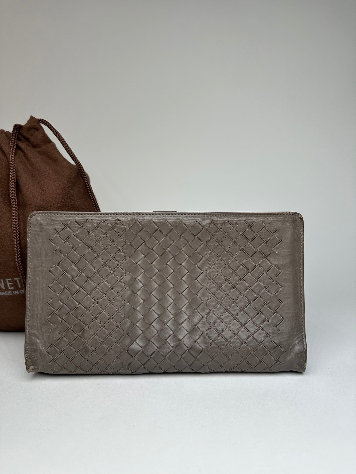 Vintage Bottega Veneta Intrecciato Leather Clutch Grey