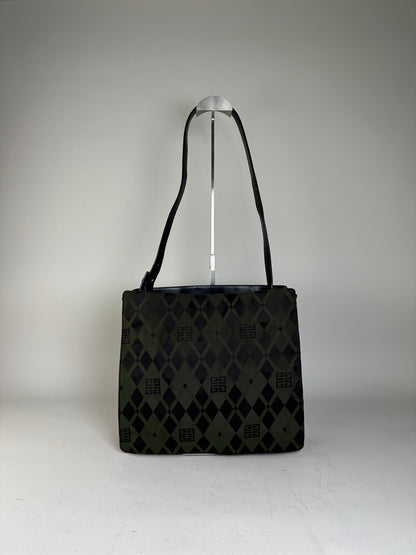 Vintage Givenchy Geometric Logo Coated Canvas Shoulder Bag Olive Black