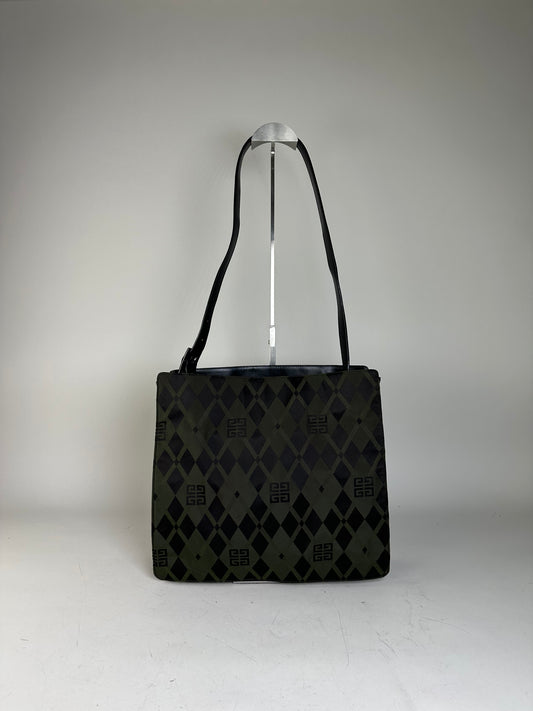 Vintage Givenchy Geometric Logo Coated Canvas Shoulder Bag Olive Black