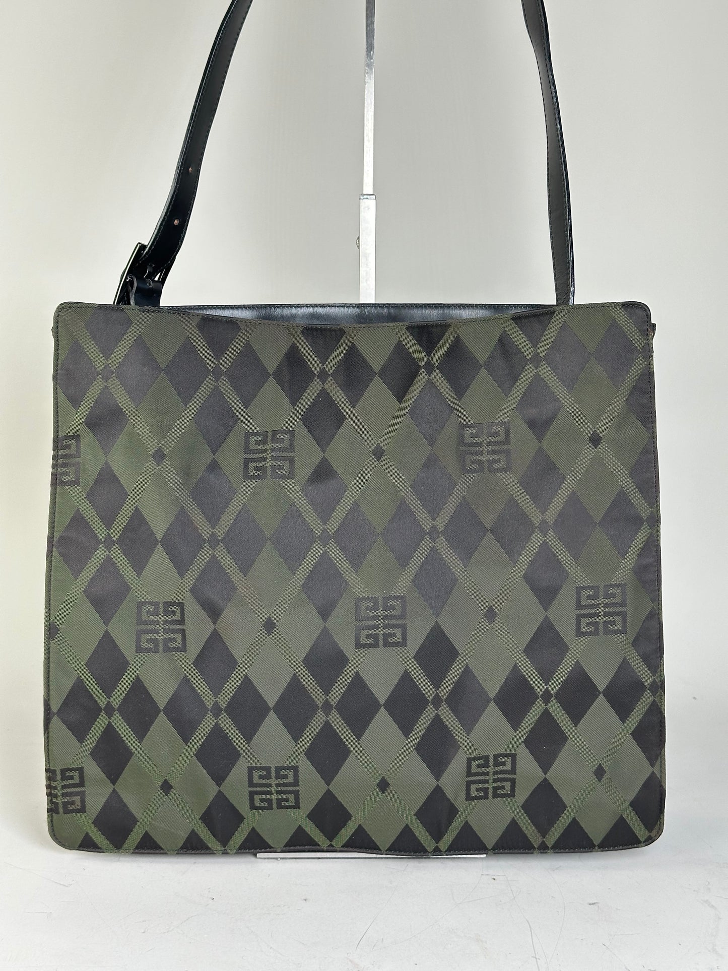 Vintage Givenchy Geometric Logo Coated Canvas Shoulder Bag Olive Black