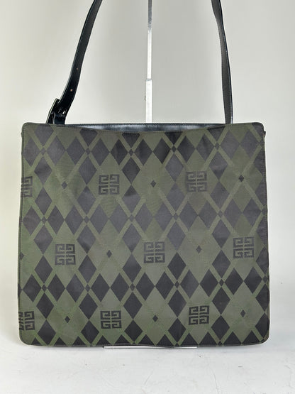 Vintage Givenchy Geometric Logo Coated Canvas Shoulder Bag Olive Black