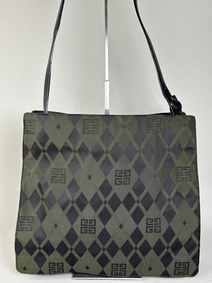 Vintage Givenchy Geometric Logo Coated Canvas Shoulder Bag Olive Black