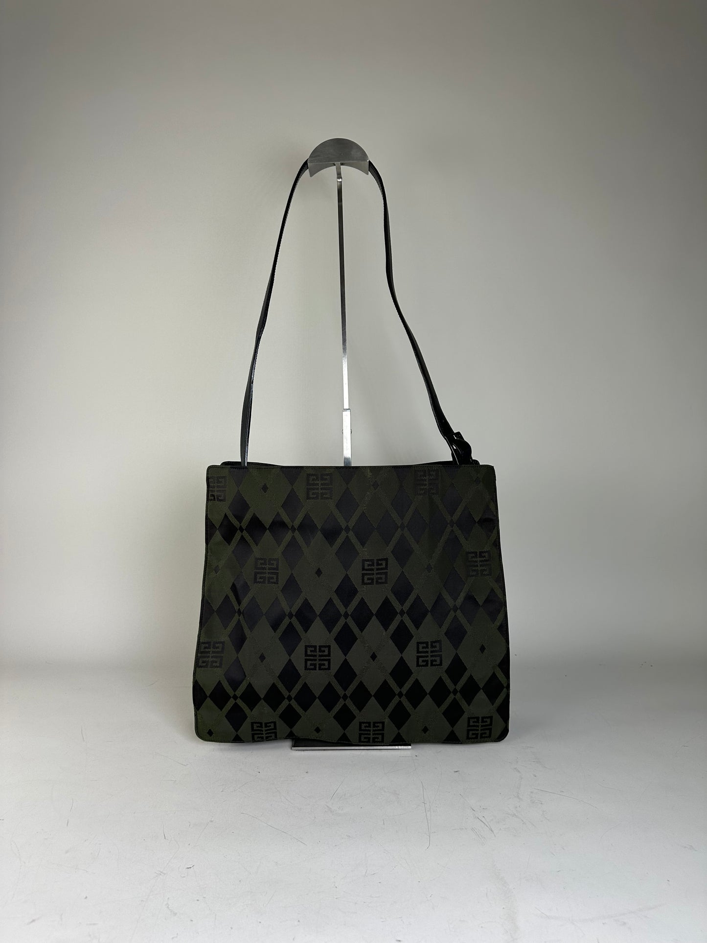Vintage Givenchy Geometric Logo Coated Canvas Shoulder Bag Olive Black