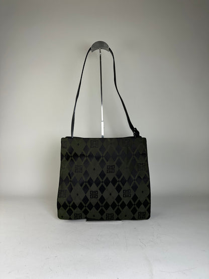 Vintage Givenchy Geometric Logo Coated Canvas Shoulder Bag Olive Black
