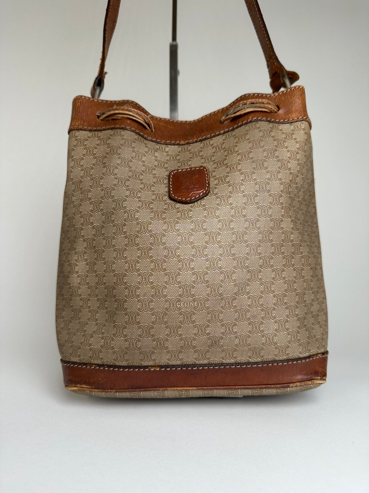 Vintage Celine Macadam Bucket Bag Beige Canvas
