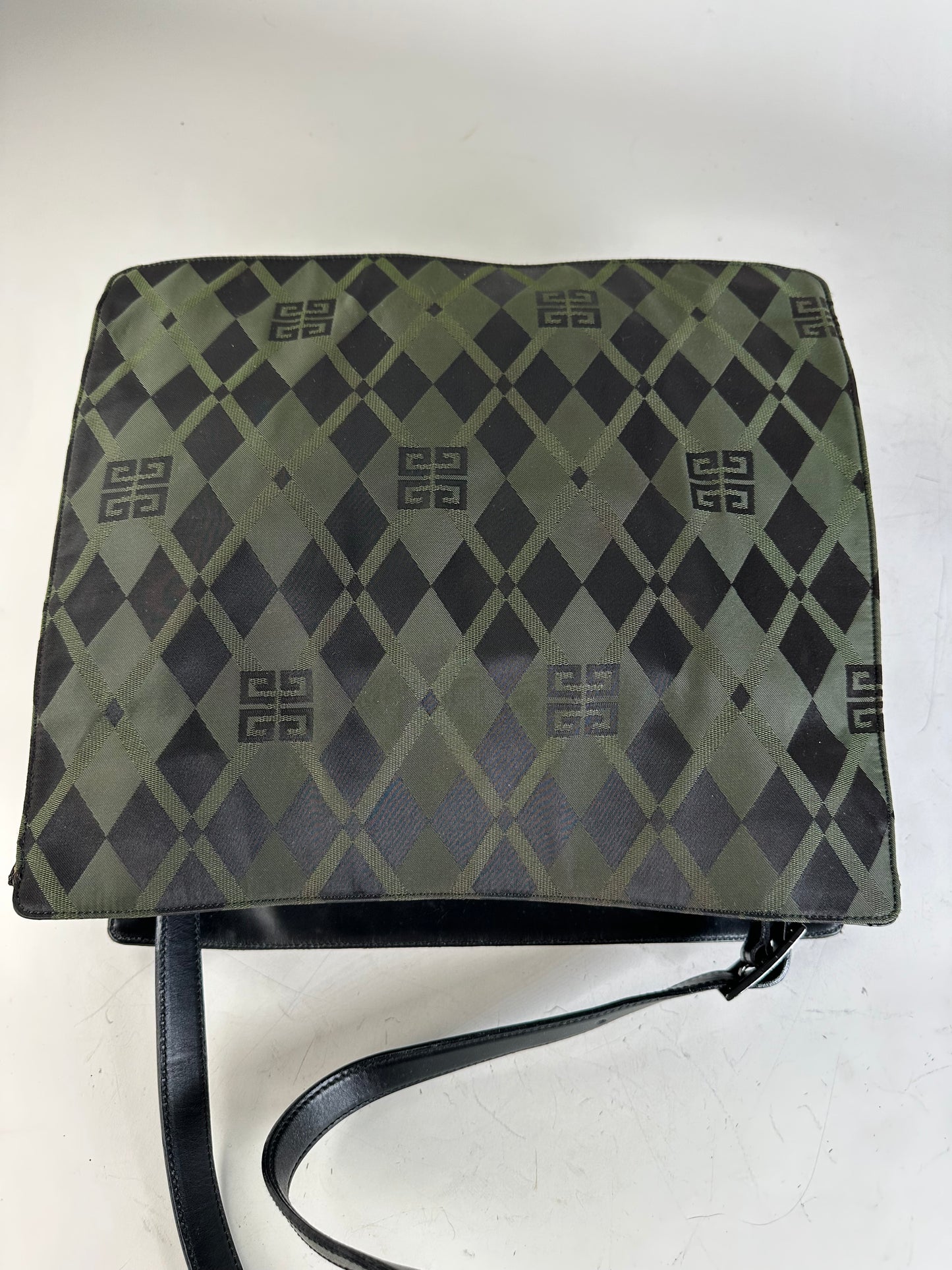 Vintage Givenchy Geometric Logo Coated Canvas Shoulder Bag Olive Black