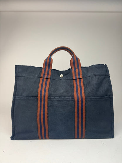 Vintage Hermes Canvas Tote Bag Navy Red