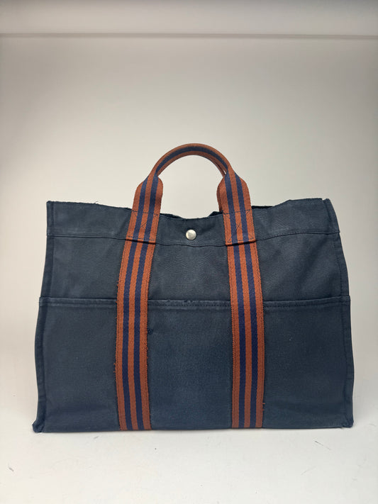 Vintage Hermes Canvas Tote Bag Navy Red