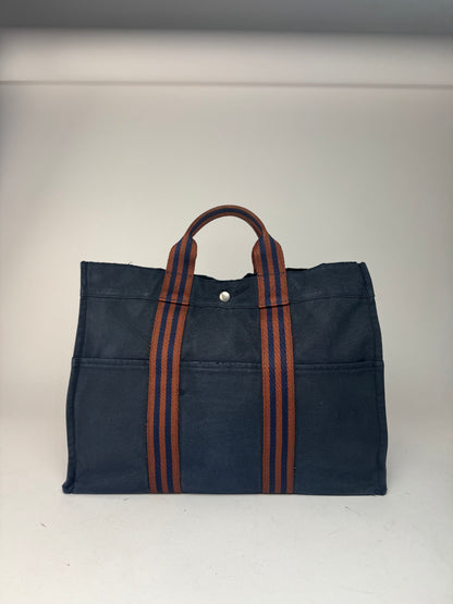 Vintage Hermes Canvas Tote Bag Navy Red