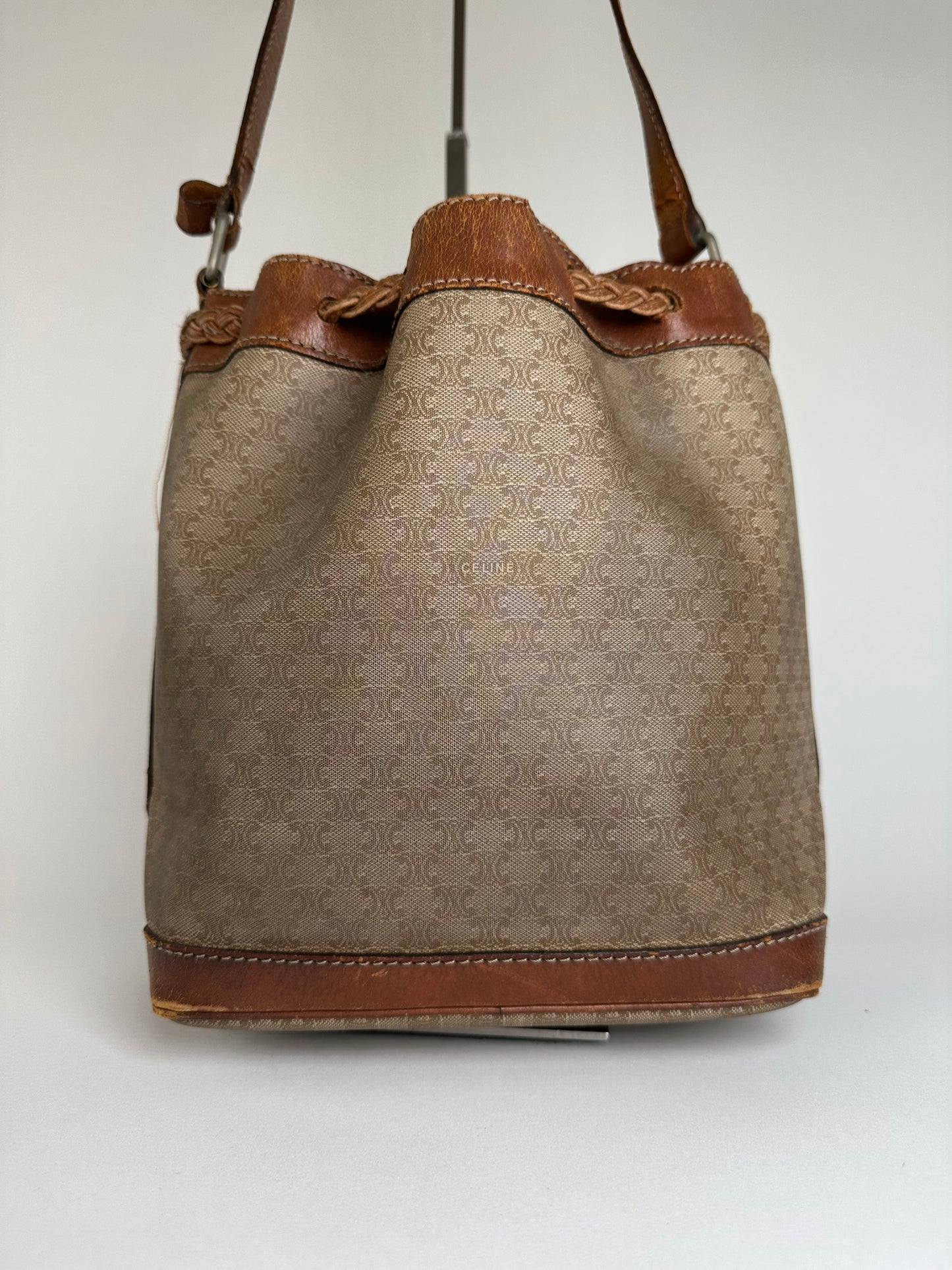 Vintage Celine Macadam Bucket Bag Beige Canvas