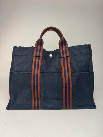 Vintage Hermes Canvas Tote Bag Navy Red