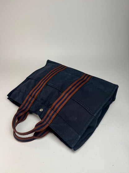 Vintage Hermes Canvas Tote Bag Navy Red
