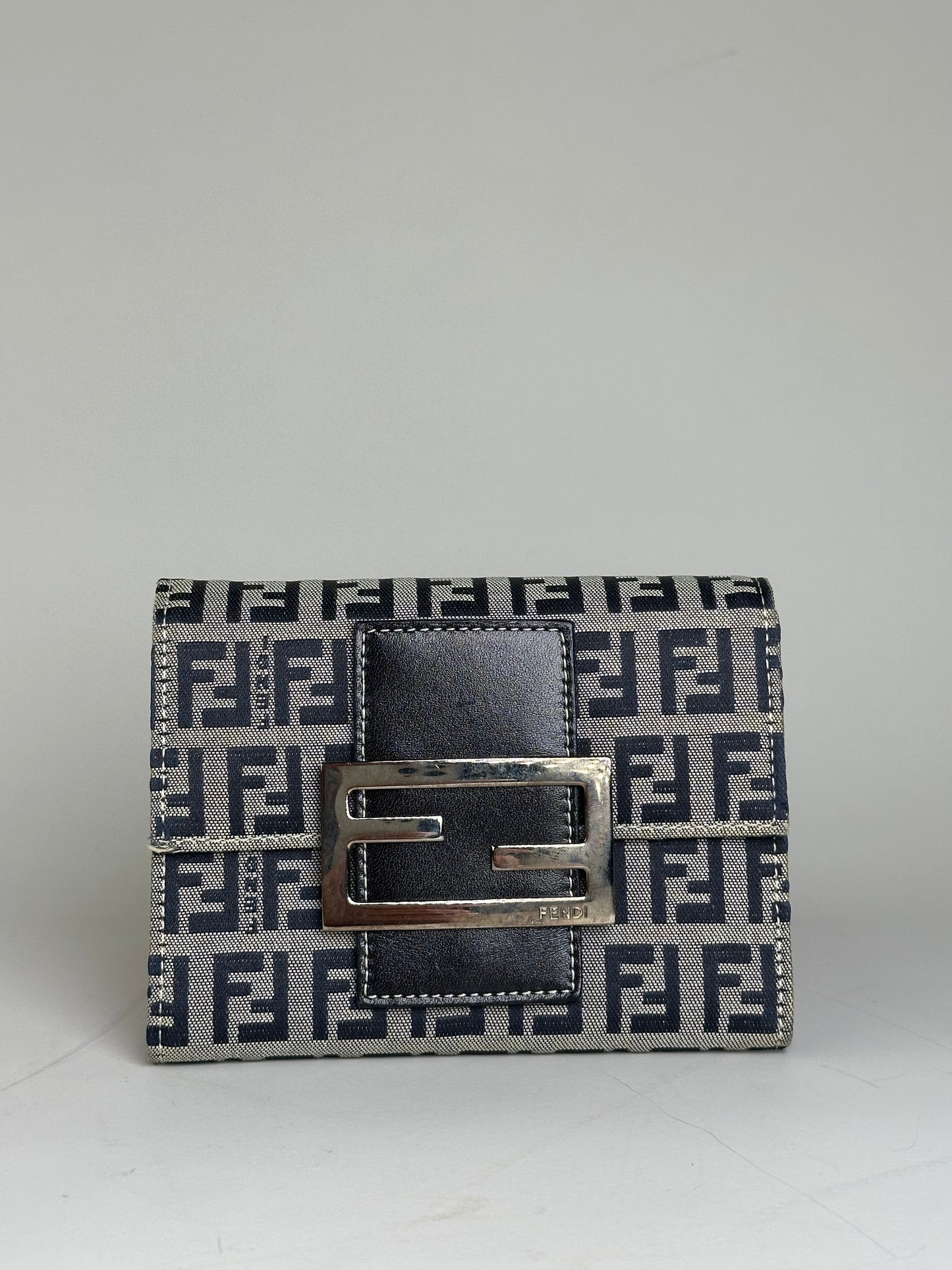Vintage Fendi FF Monogram Canvas Wallet Navy Beige Silver