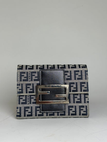Vintage Fendi FF Monogram Canvas Wallet Navy Beige Silver