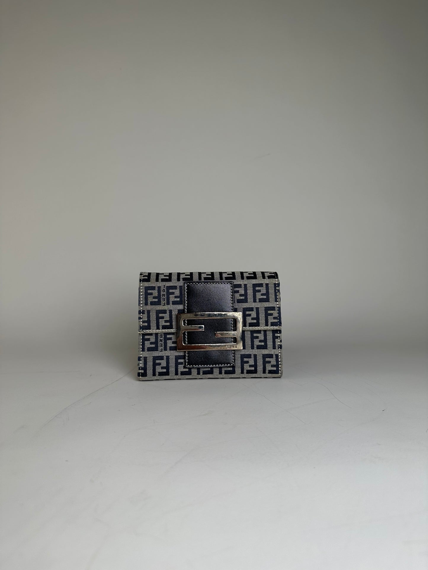 Vintage Fendi FF Monogram Canvas Wallet Navy Beige Silver