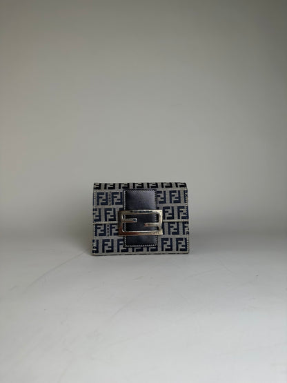 Vintage Fendi FF Monogram Canvas Wallet Navy Beige Silver
