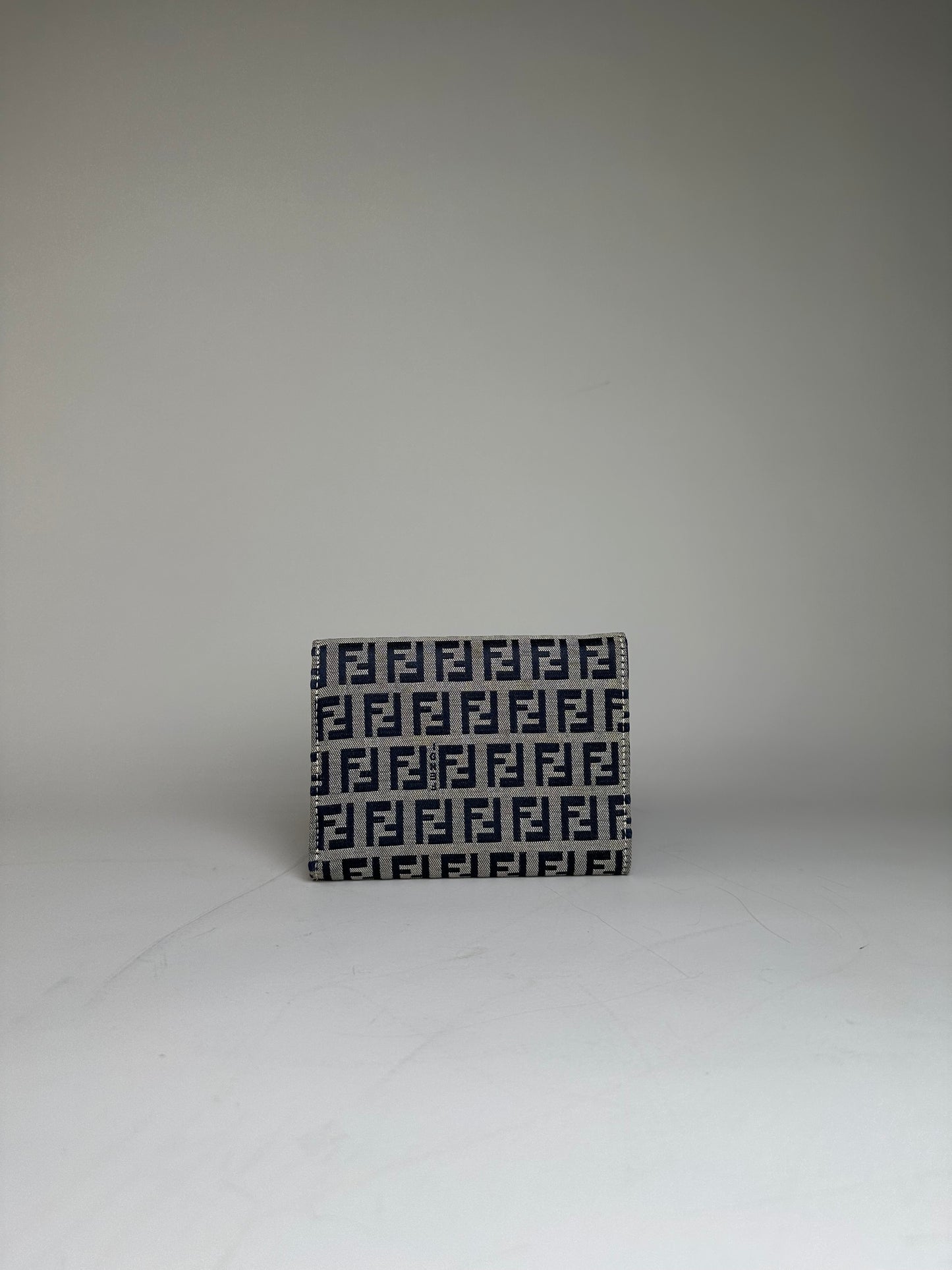 Vintage Fendi FF Monogram Canvas Wallet Navy Beige Silver