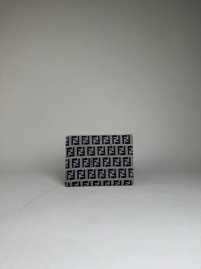 Vintage Fendi FF Monogram Canvas Wallet Navy Beige Silver