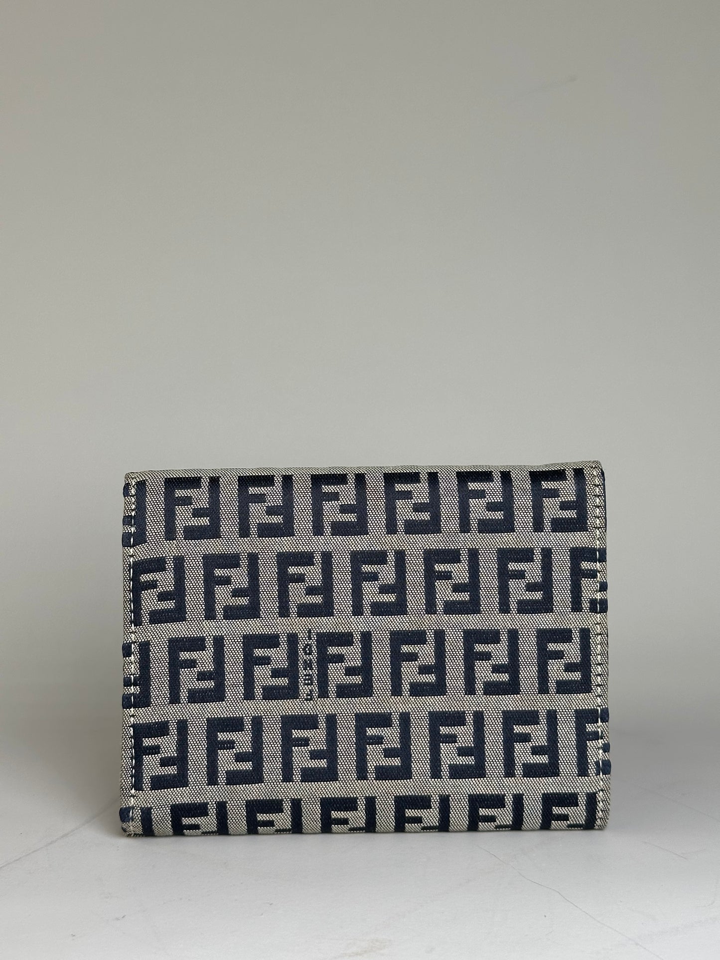 Vintage Fendi FF Monogram Canvas Wallet Navy Beige Silver