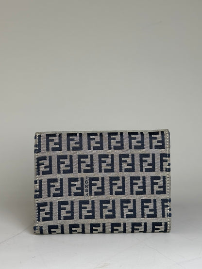 Vintage Fendi FF Monogram Canvas Wallet Navy Beige Silver