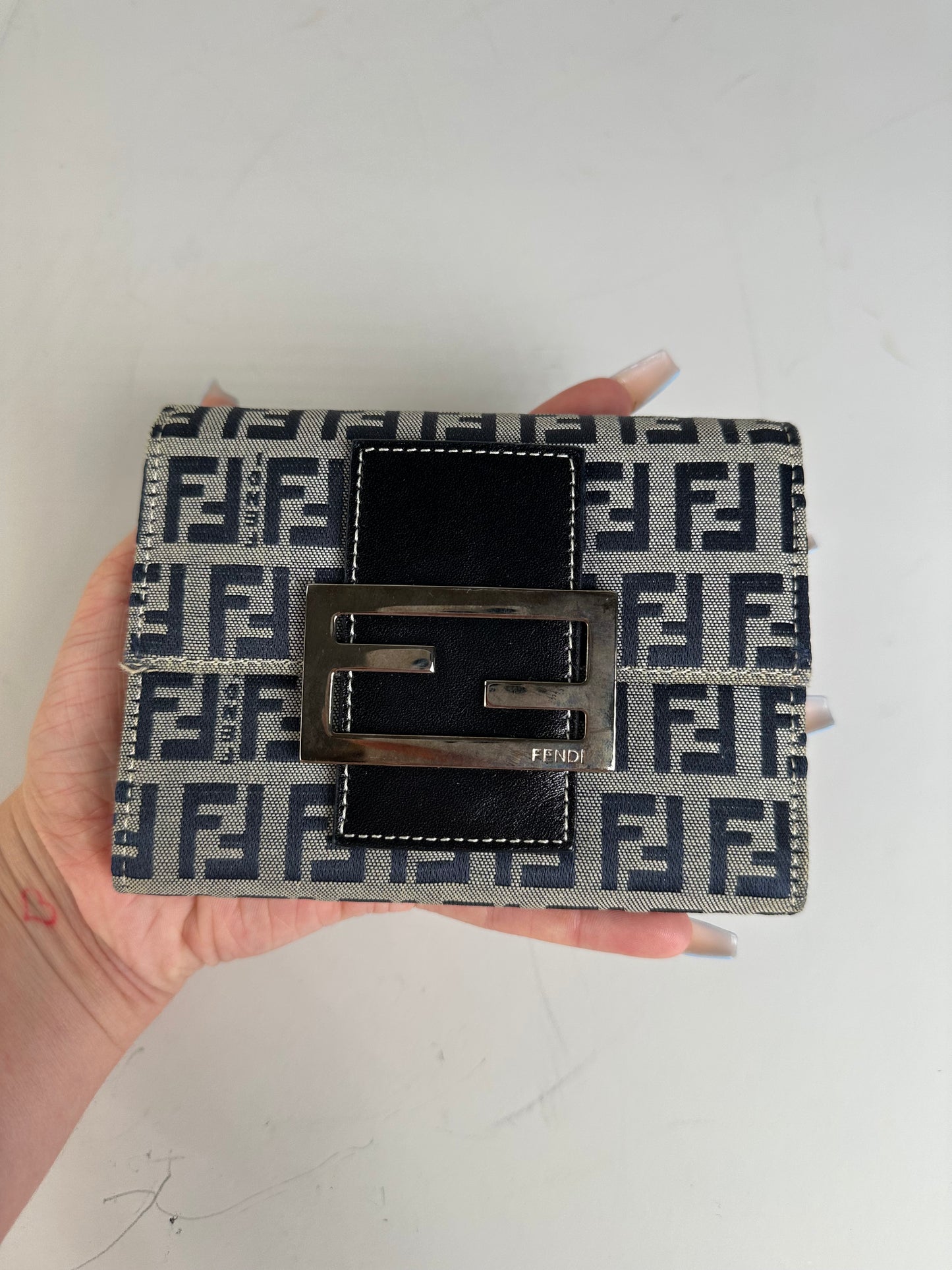 Vintage Fendi FF Monogram Canvas Wallet Navy Beige Silver