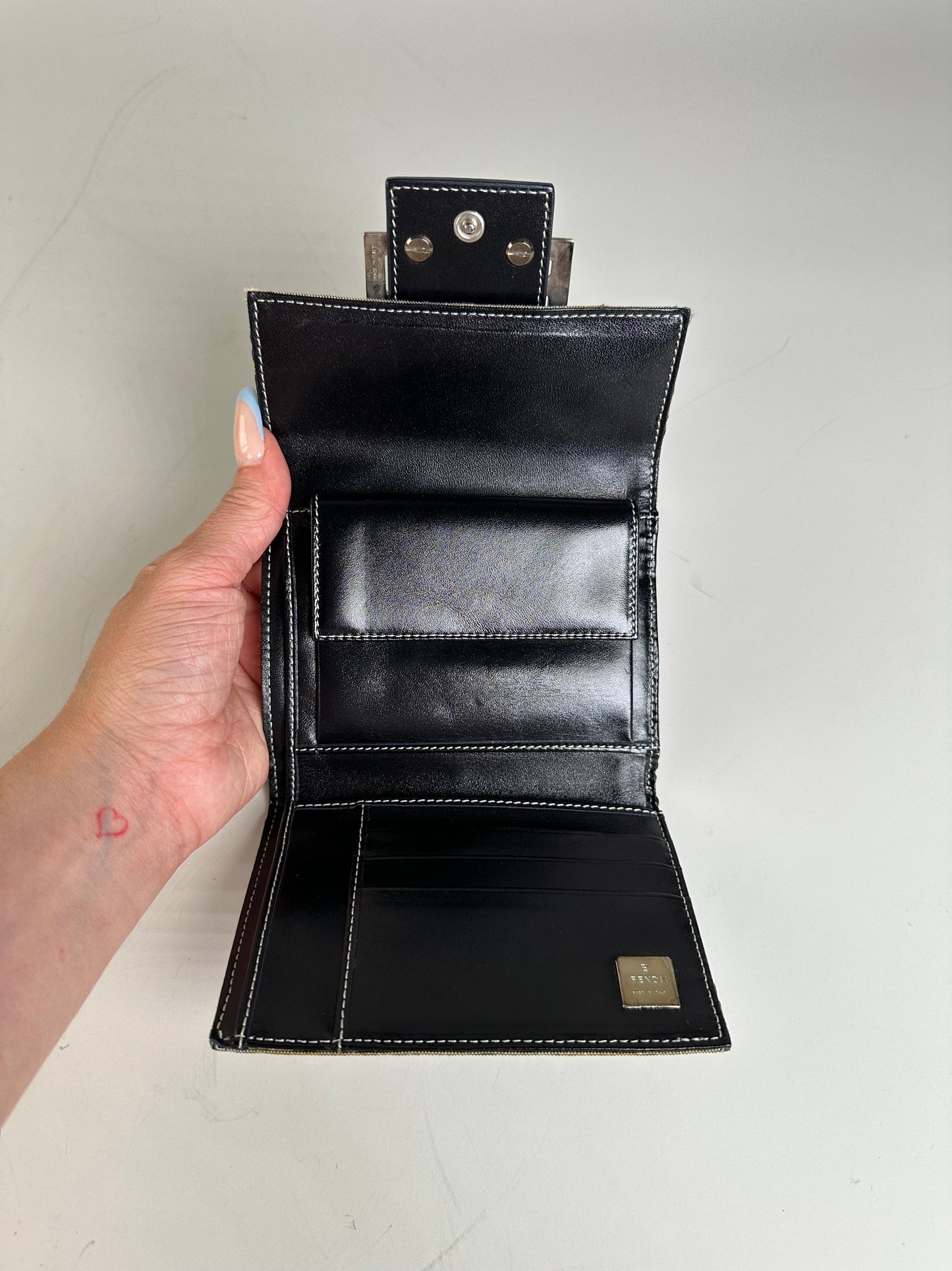 Vintage Fendi FF Monogram Canvas Wallet Navy Beige Silver