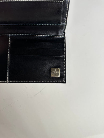 Vintage Fendi FF Monogram Canvas Wallet Navy Beige Silver