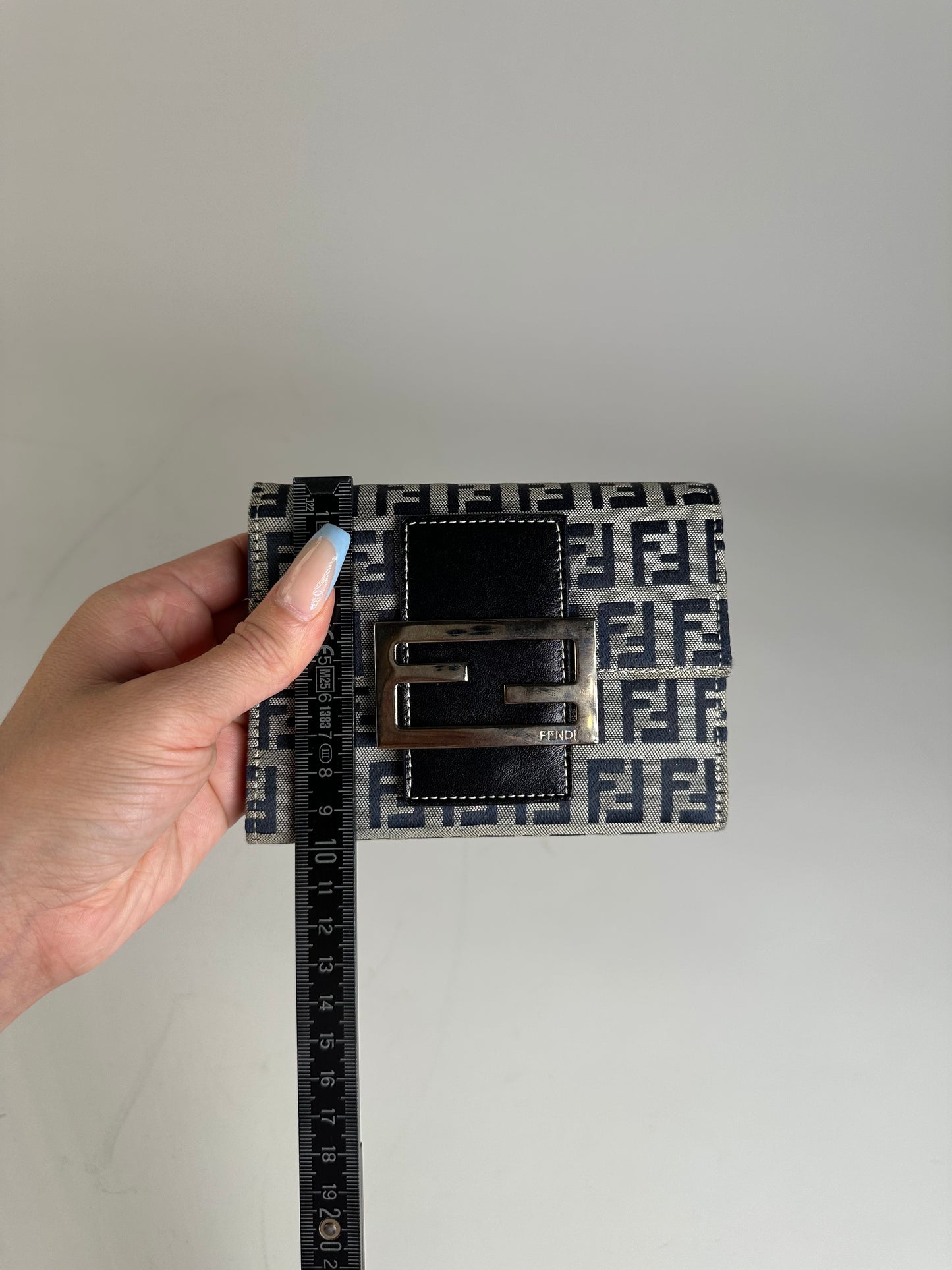 Vintage Fendi FF Monogram Canvas Wallet Navy Beige Silver