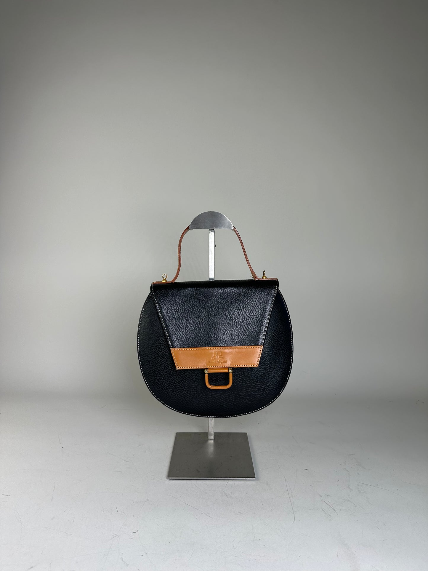 Vintage Courreges Textured Leather Shoulder Bag Black Tan