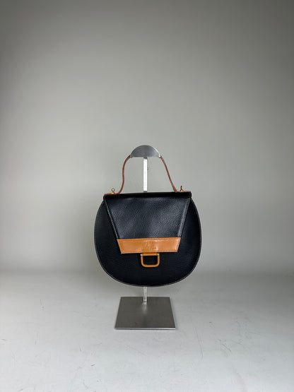 Vintage Courreges Textured Leather Shoulder Bag Black Tan