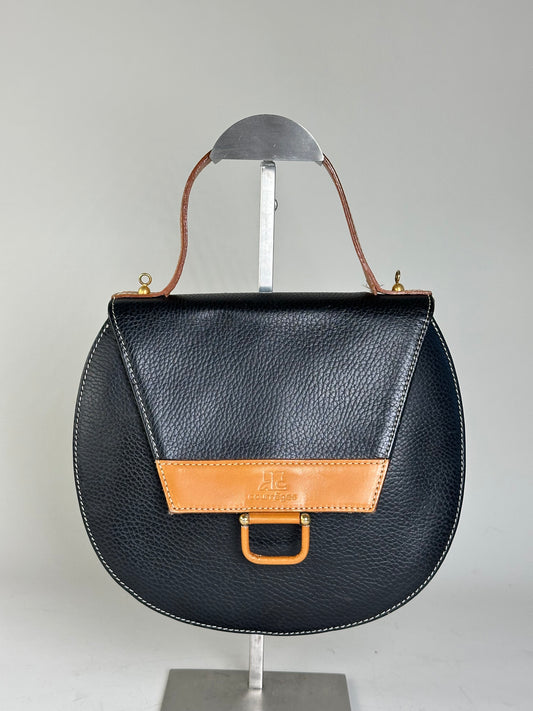 Vintage Courreges Textured Leather Shoulder Bag Black Tan