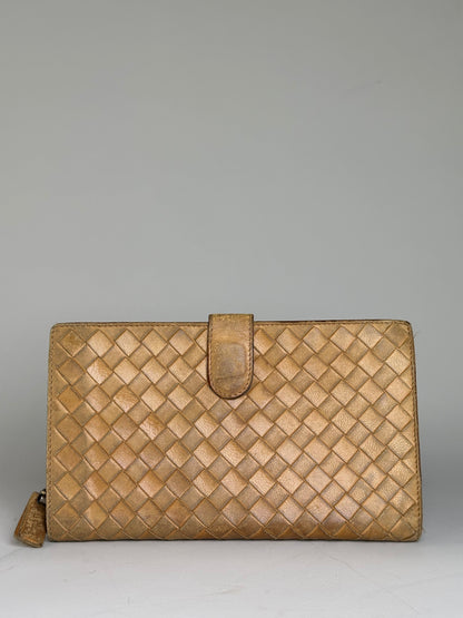 Vintage Bottega Veneta Intrecciato Woven Leather Wallet Gold