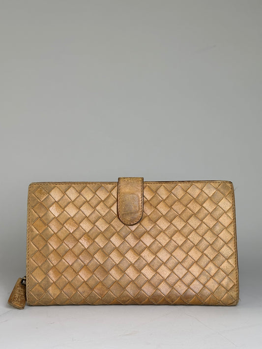 Vintage Bottega Veneta Intrecciato Woven Leather Wallet Gold